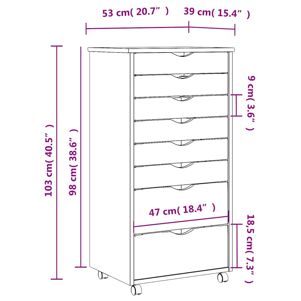 Rolling Cabinet with Drawers "MOSS" Black Solid Wood Pine