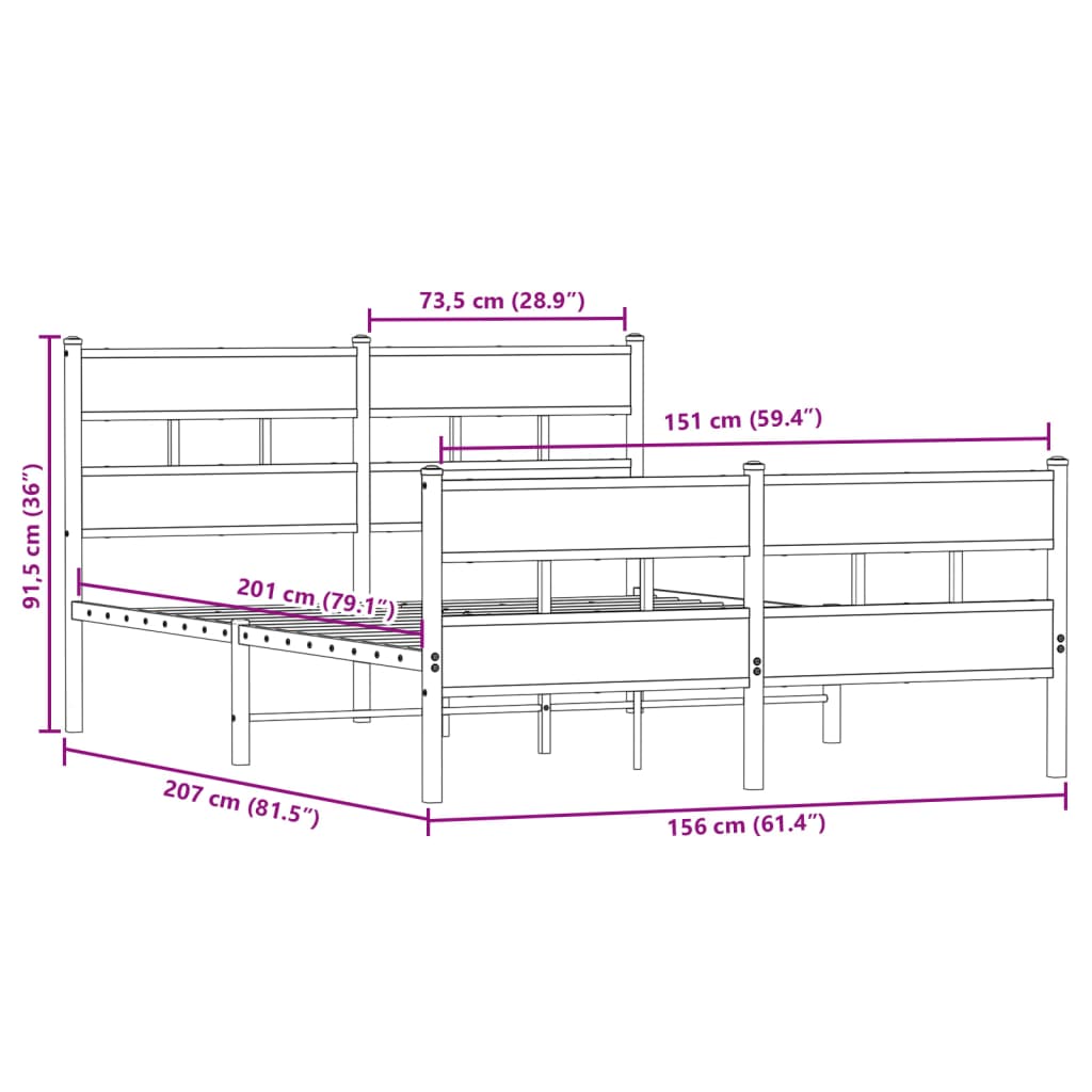 Metal Bed Frame without Mattress Smoked Oak 150x200 cm