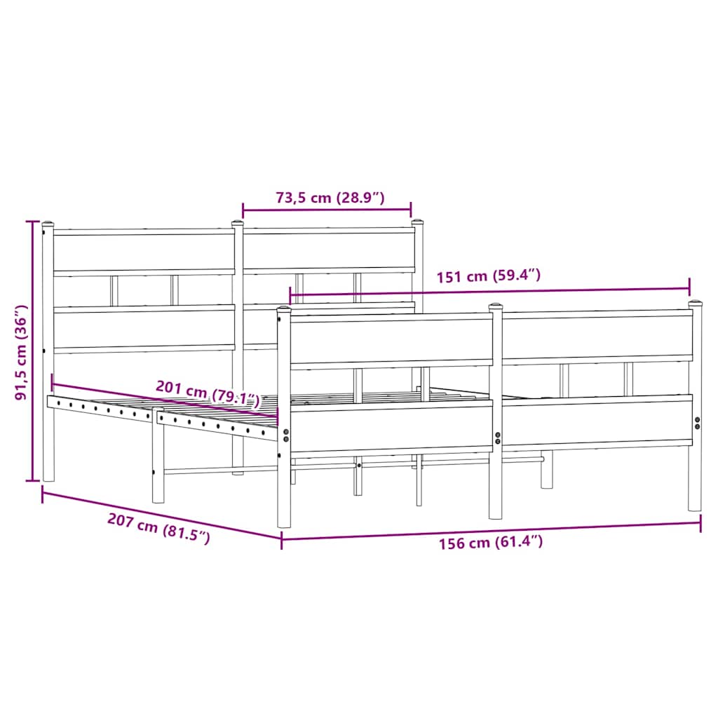 Metal Bed Frame without Mattress Sonoma Oak 150x200 cm