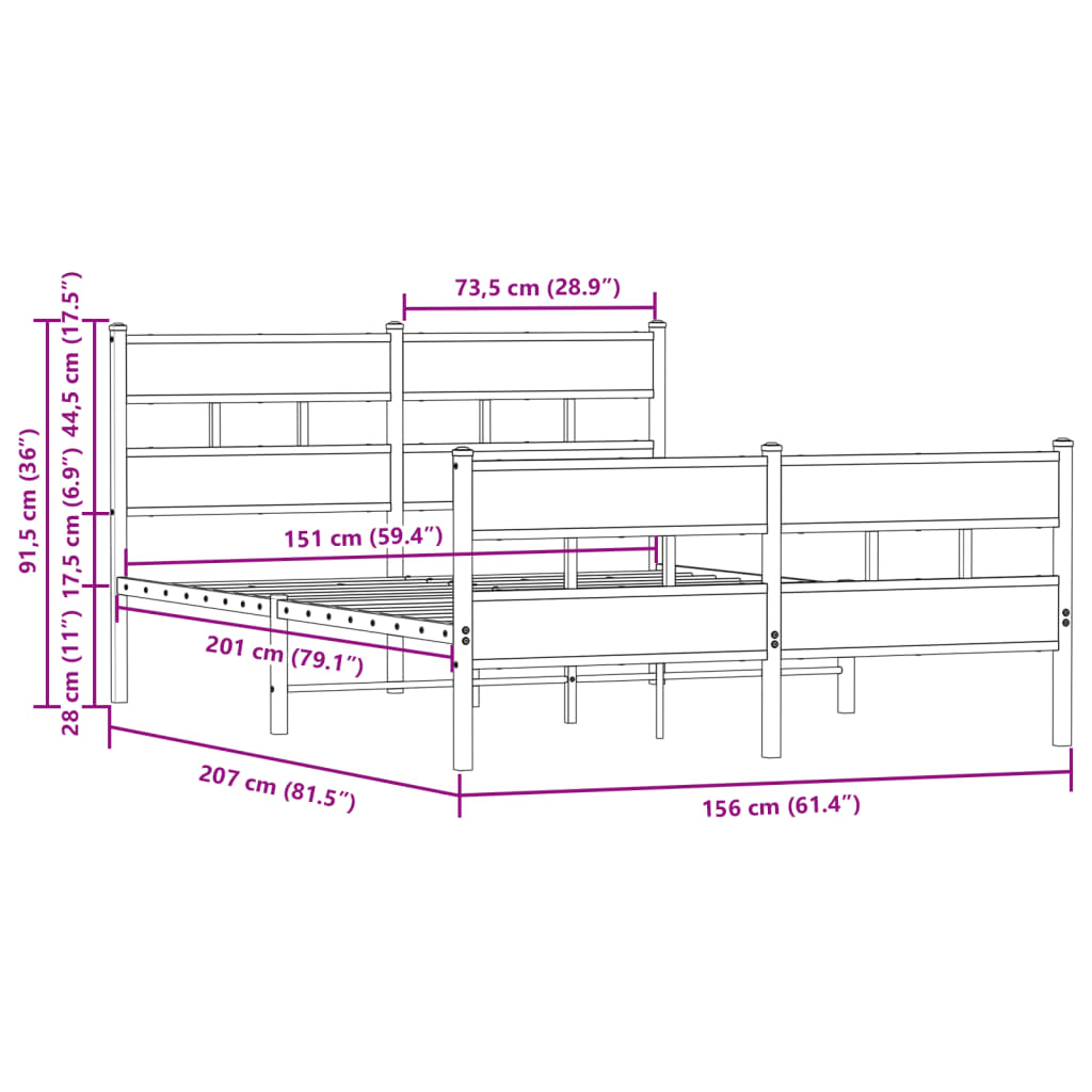 Metal Bed Frame without Mattress Brown Oak 150x200 cm