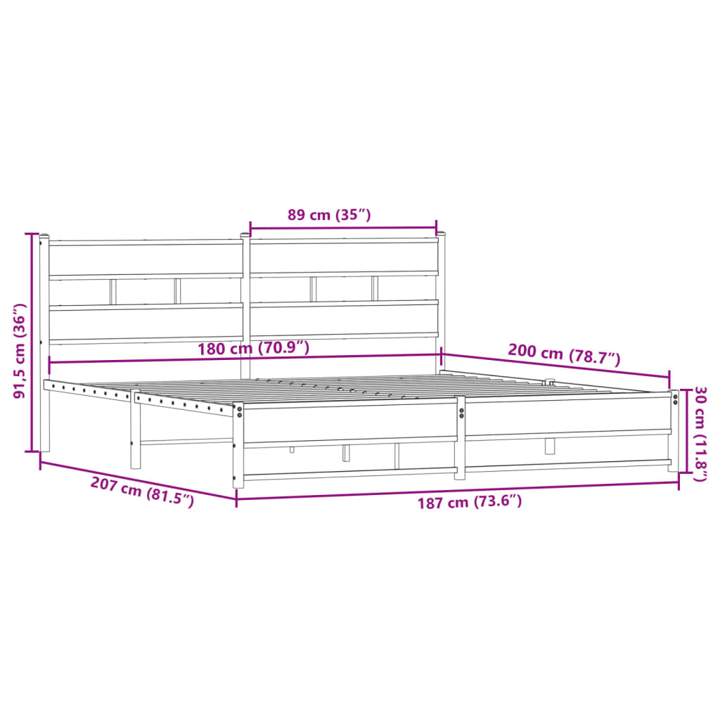 Metal Bed Frame without Mattress Smoked Oak 180x200 cm