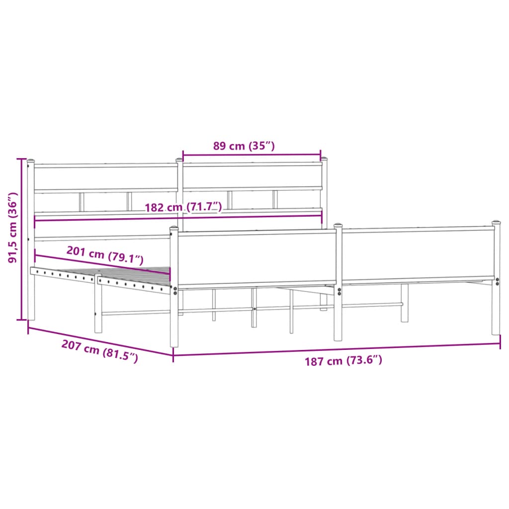 Metal Bed Frame without Mattress Smoked Oak 180x200 cm