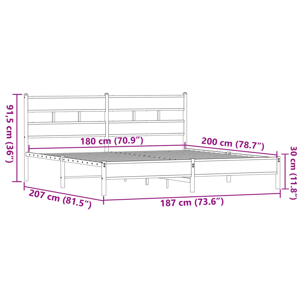 Metal Bed Frame without Mattress Brown Oak 180x200 cm