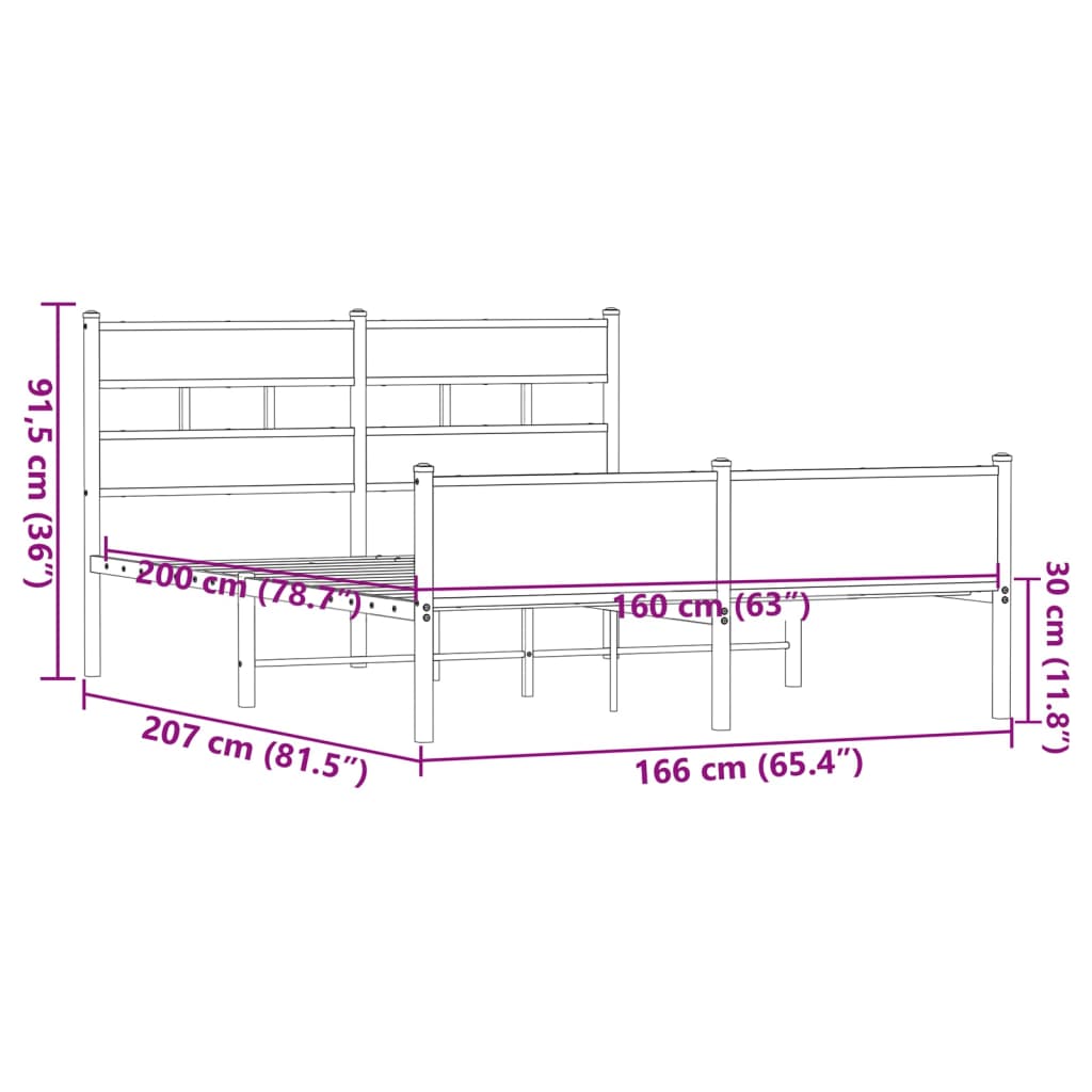 Metal Bed Frame without Mattress Brown Oak 160x200 cm