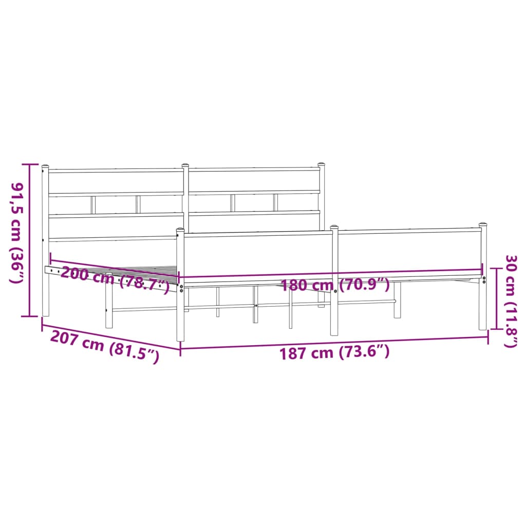 Metal Bed Frame without Mattress Brown Oak 180x200 cm