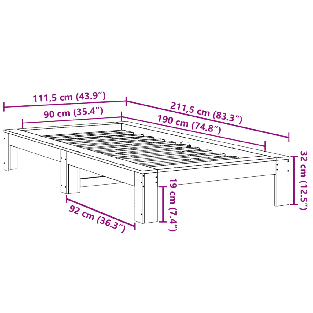 Bed Frame without Mattress Wax Brown 90x190 cm Solid Wood Pine