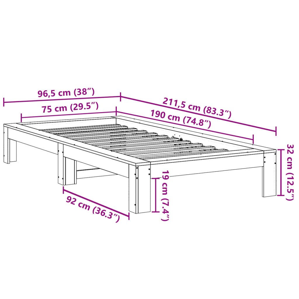 Bed Frame without Mattress White 75x190 cm Solid Wood Pine
