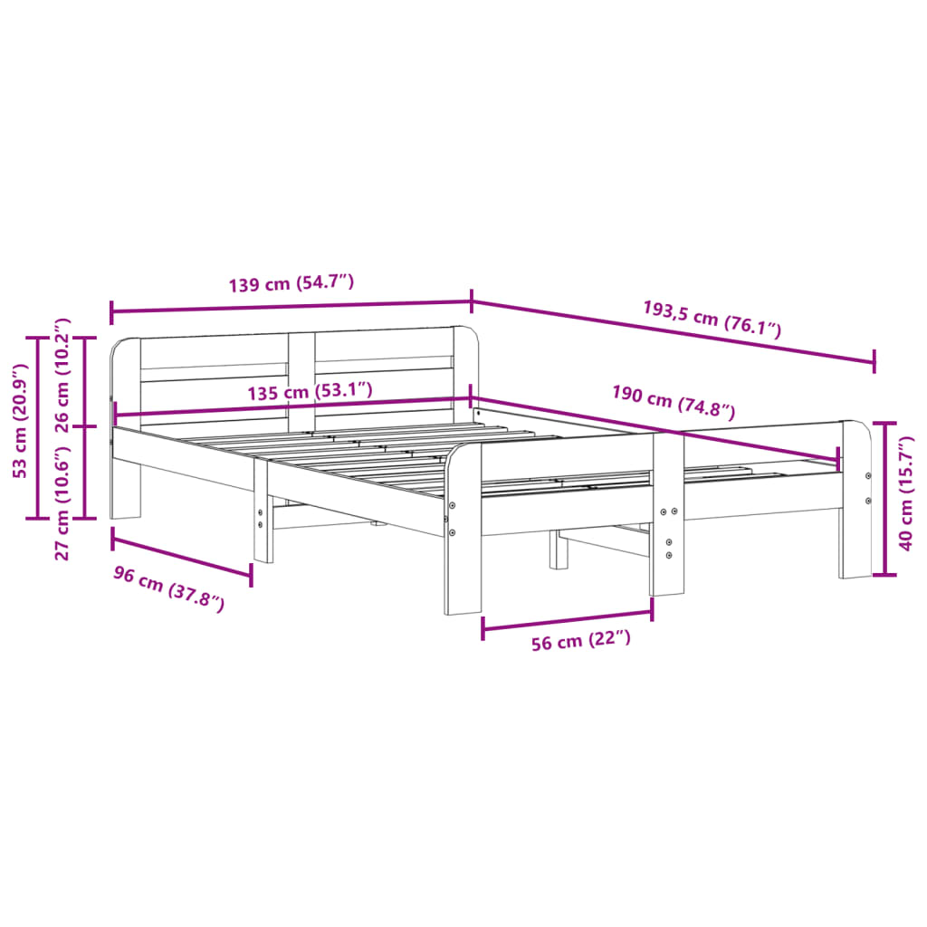 Bed Frame without Mattress White 135x190 cm Solid Wood Pine