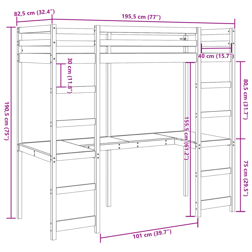 Loft Bed Frame without Mattress Wax Brown 75x190 cm Solid Wood Pine