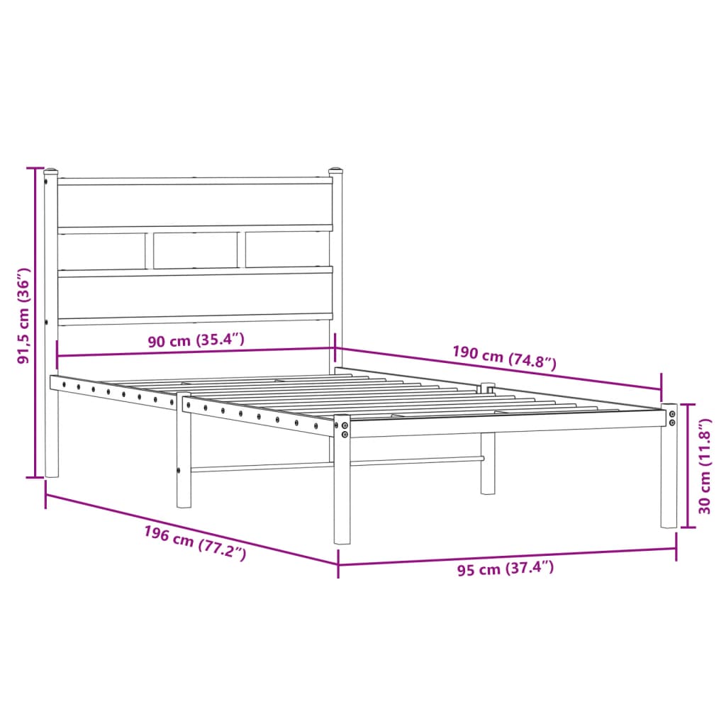Metal Bed Frame without Mattress Smoked Oak 90x190 cm