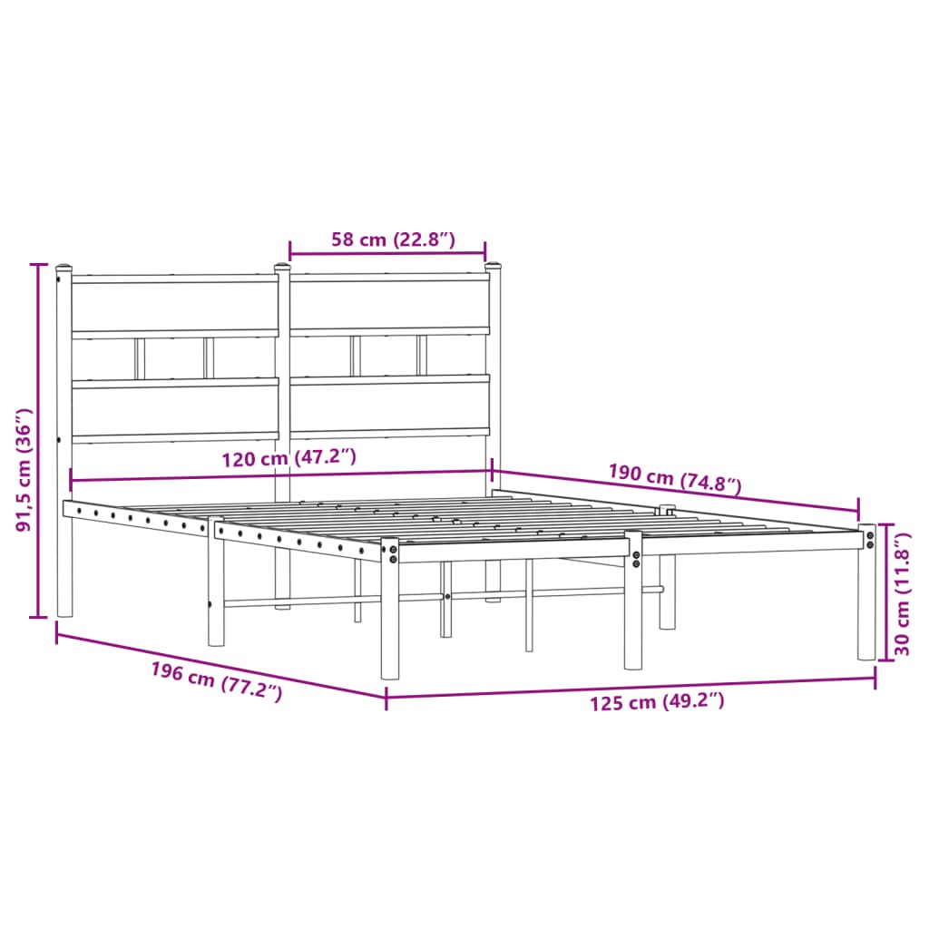 Metal Bed Frame without Mattress Smoked Oak 120x190 cm