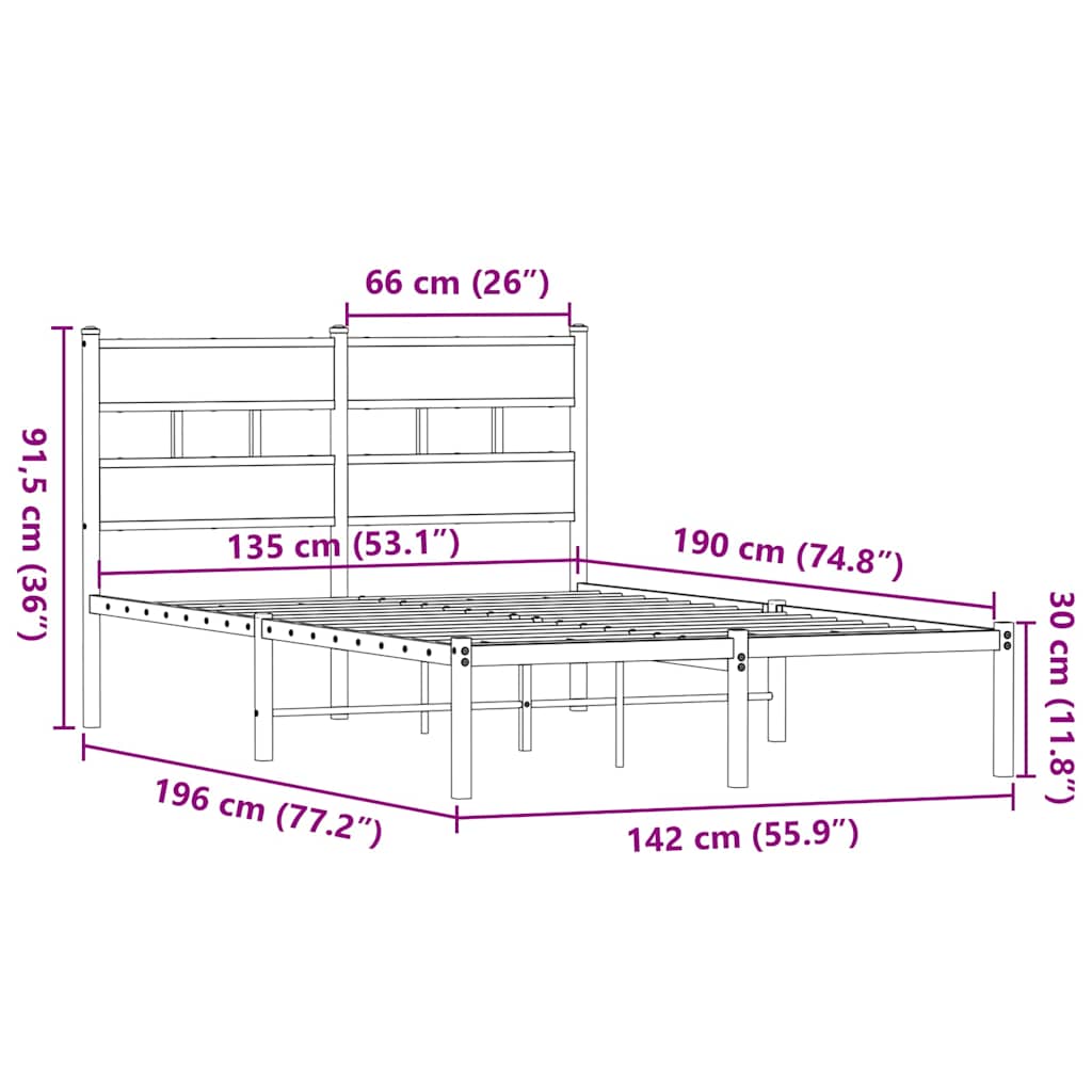 Metal Bed Frame without Mattress Smoked Oak 135x190 cm