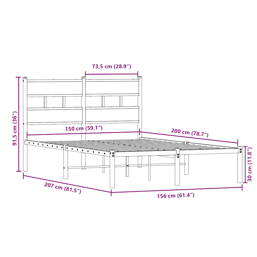Metal Bed Frame without Mattress Smoked Oak 150x200 cm