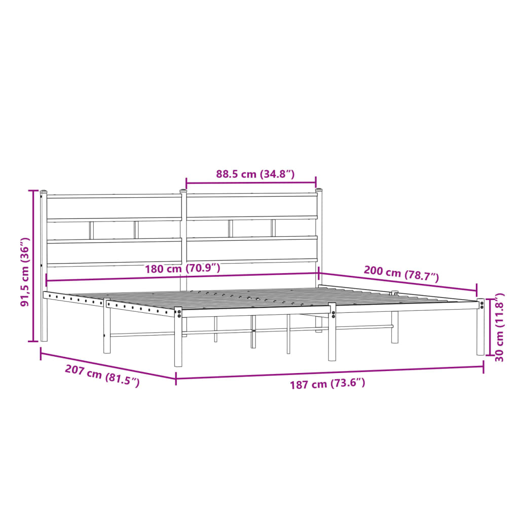 Metal Bed Frame without Mattress Smoked Oak 180x200 cm