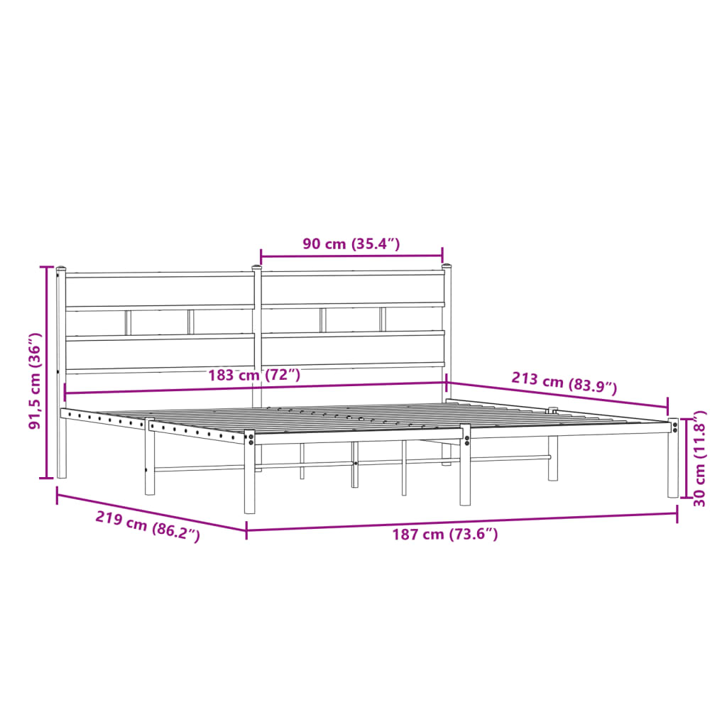 Metal Bed Frame without Mattress Smoked Oak 183x213 cm