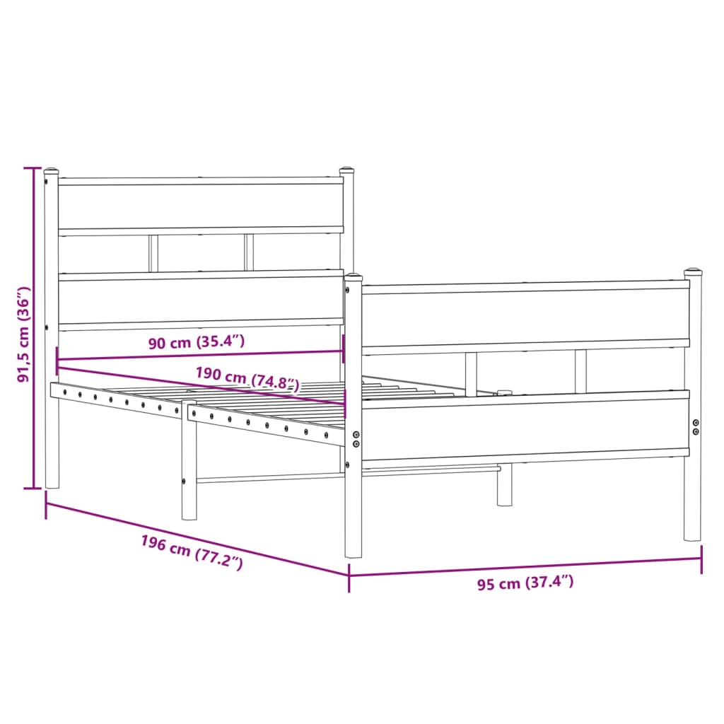Metal Bed Frame without Mattress Smoked Oak 90x190 cm