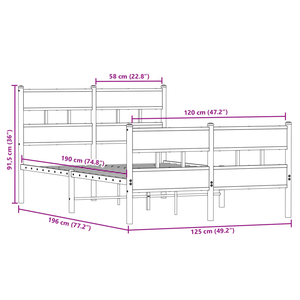 Metal Bed Frame without Mattress Smoked Oak 120x190 cm
