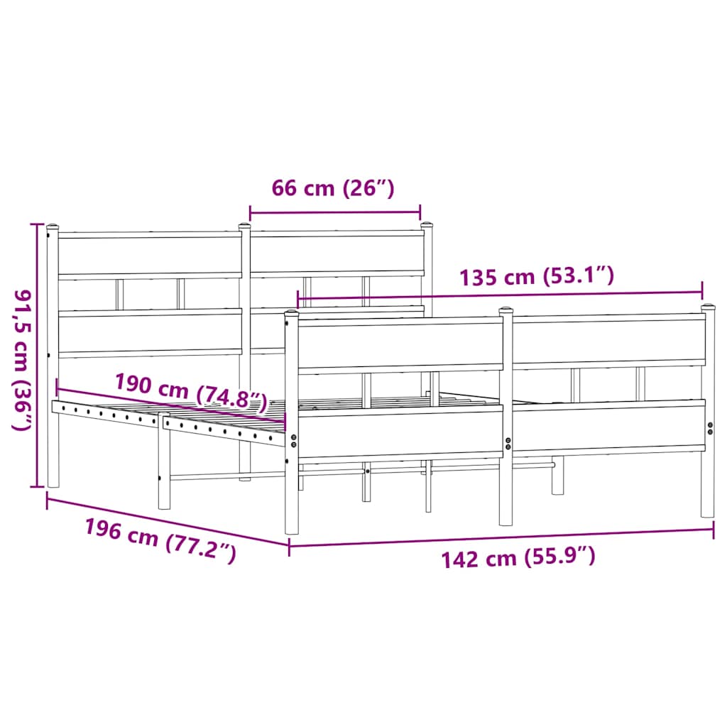 Metal Bed Frame without Mattress Smoked Oak 135x190 cm