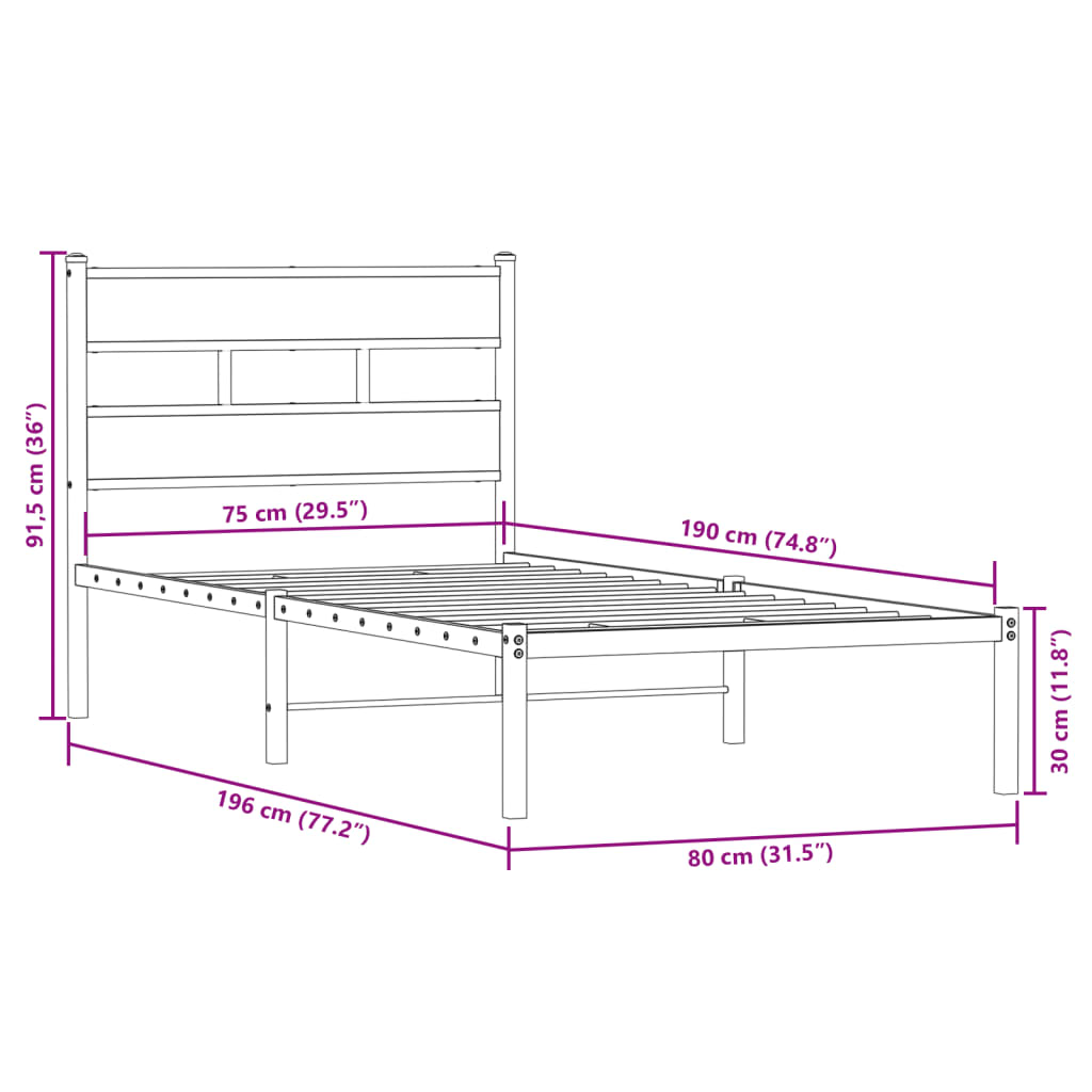 Metal Bed Frame without Mattress Sonoma Oak 75x190 cm