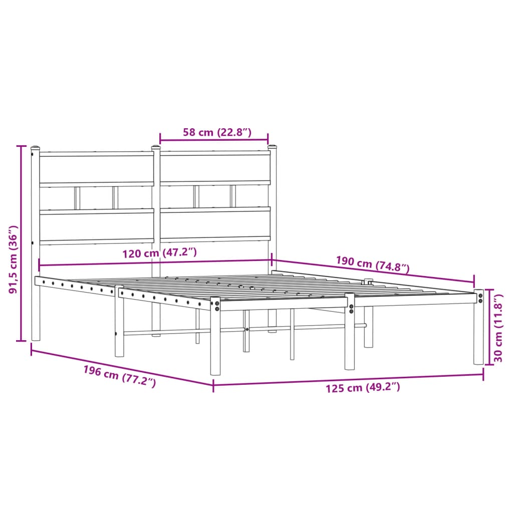 Metal Bed Frame without Mattress Sonoma Oak 120x190 cm