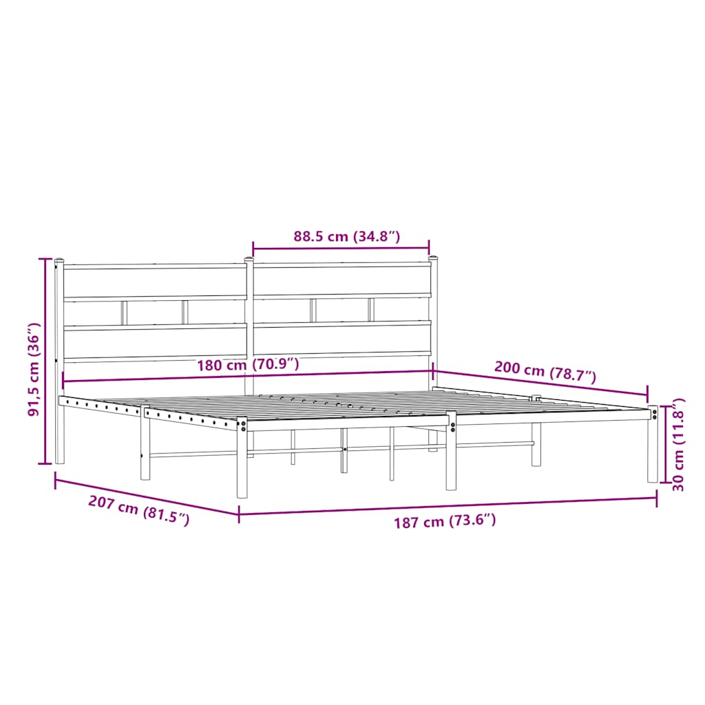 Metal Bed Frame without Mattress Sonoma Oak 180x200 cm