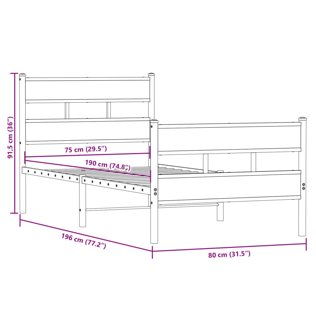 Metal Bed Frame without Mattress Sonoma Oak 75x190 cm