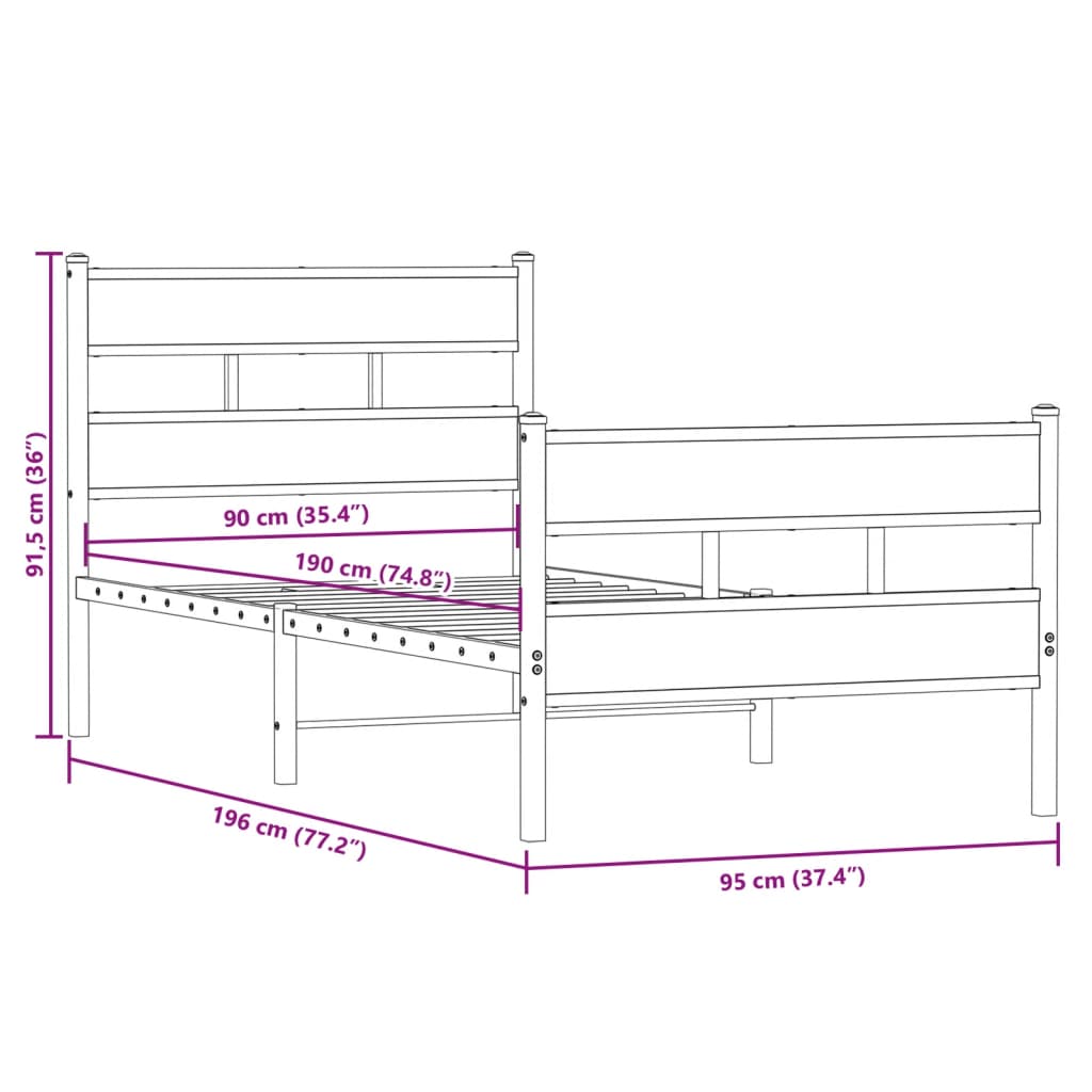 Metal Bed Frame without Mattress Sonoma Oak 90x190 cm