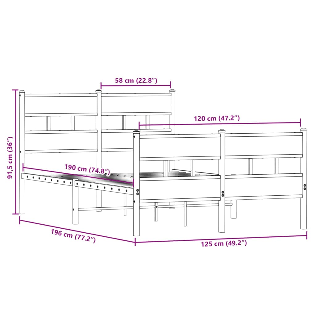 Metal Bed Frame without Mattress Sonoma Oak 120x190 cm