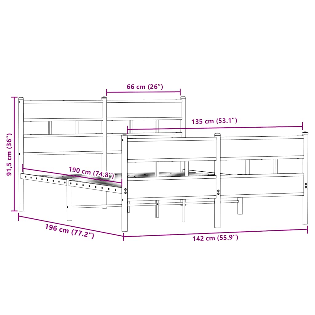 Metal Bed Frame without Mattress Sonoma Oak 135x190 cm