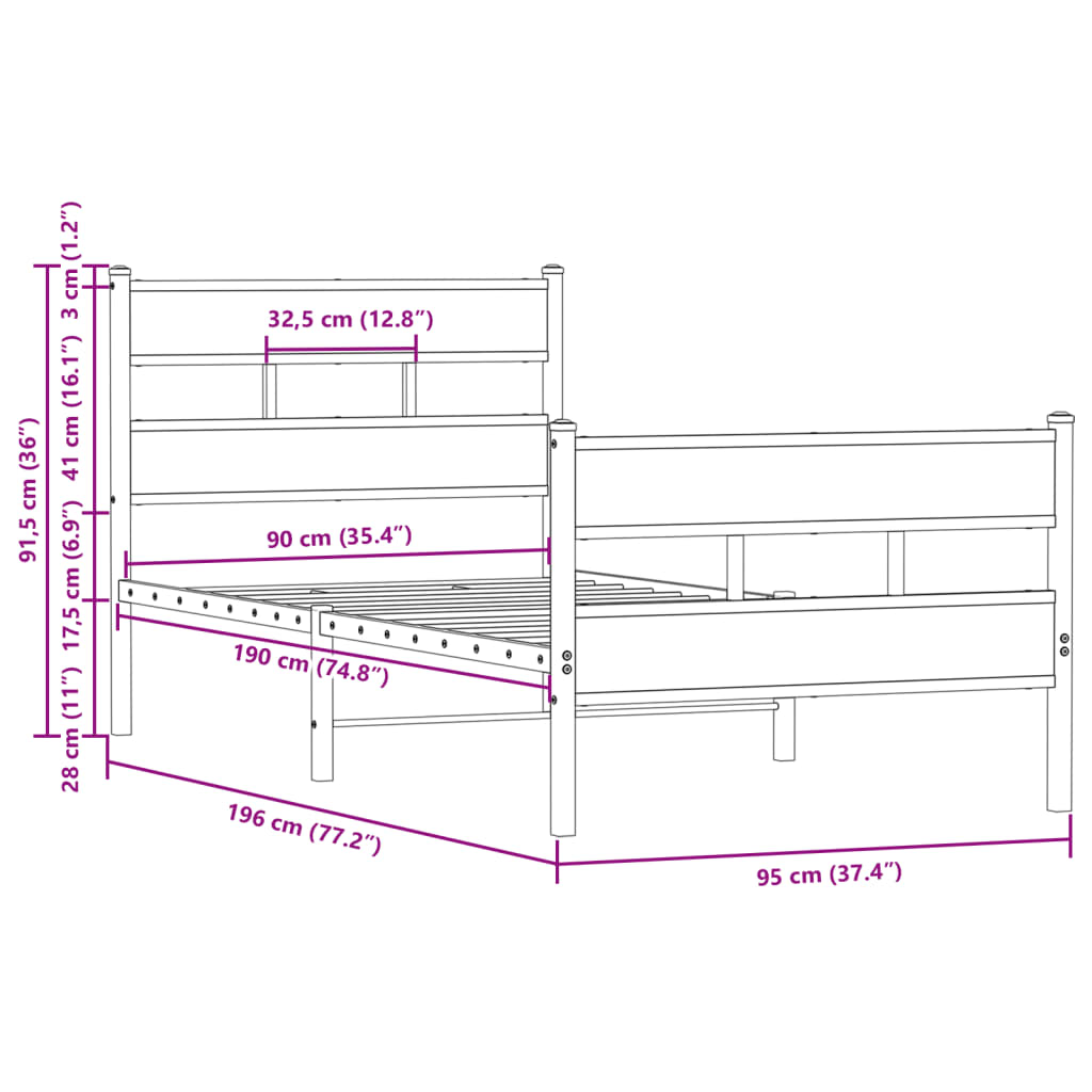 Bed Frame without Mattress with Headboard&Footboard 90x190 cm