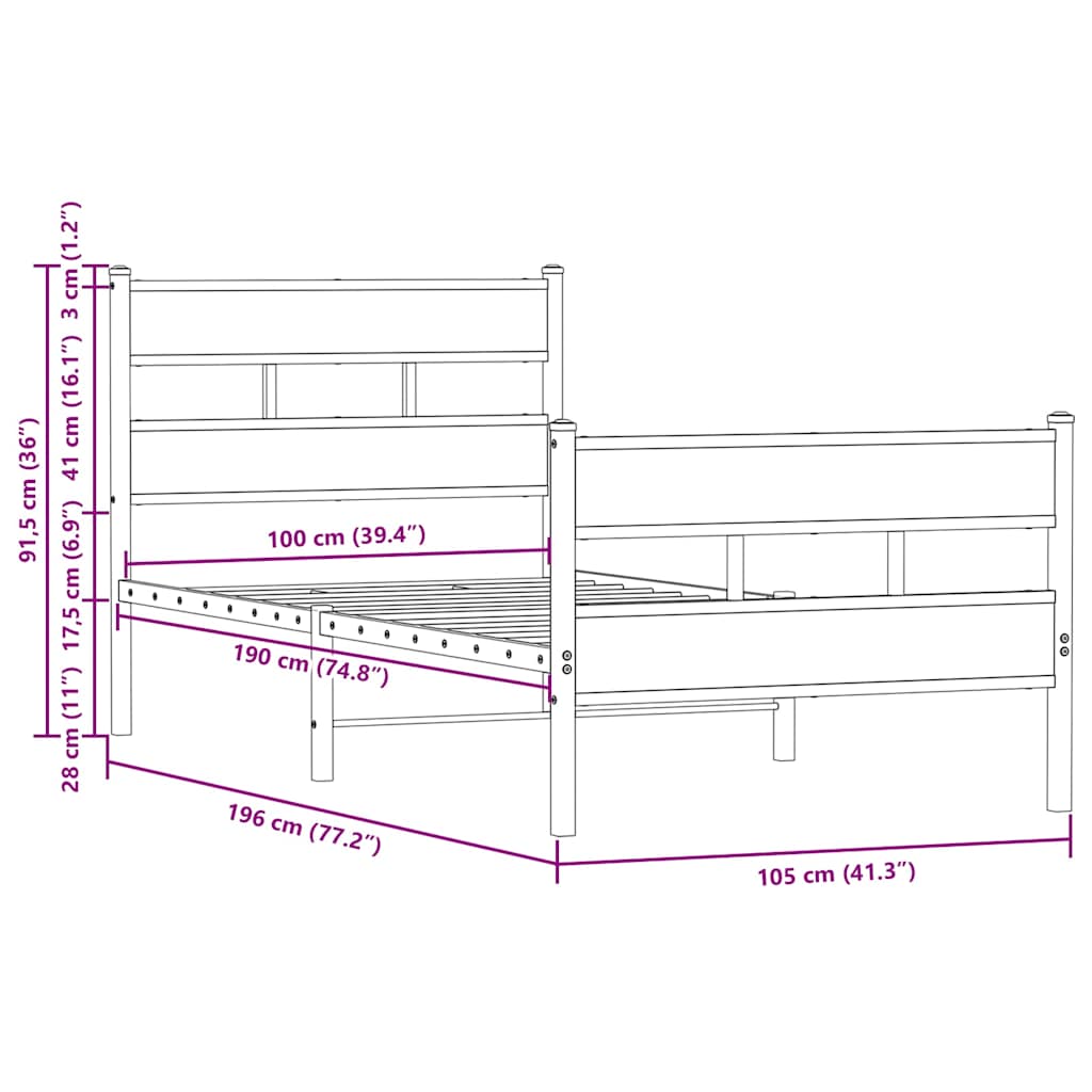 Bed Frame without Mattress with Headboard&Footboard 100x190 cm