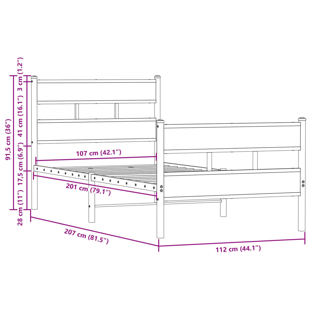 Bed Frame without Mattress with Headboard&Footboard 107x203 cm
