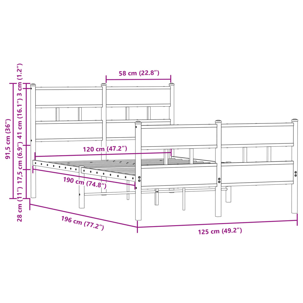 Bed Frame without Mattress with Headboard&Footboard 120x190 cm