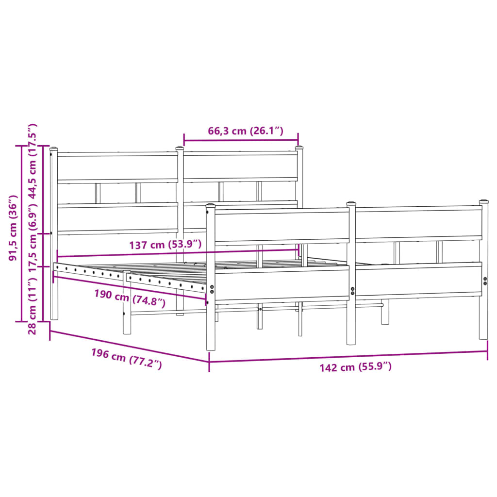 Bed Frame without Mattress with Headboard&Footboard 137x190 cm