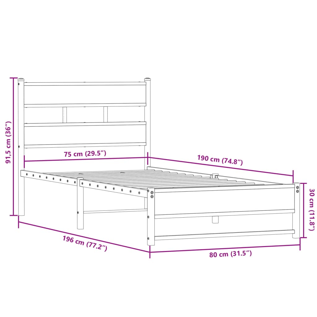 Metal Bed Frame without Mattress Smoked Oak 75x190 cm