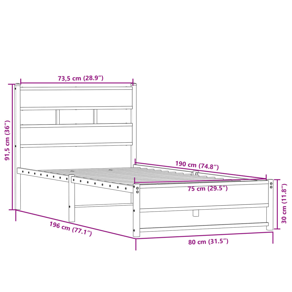 Metal Bed Frame without Mattress Sonoma Oak 75x190 cm