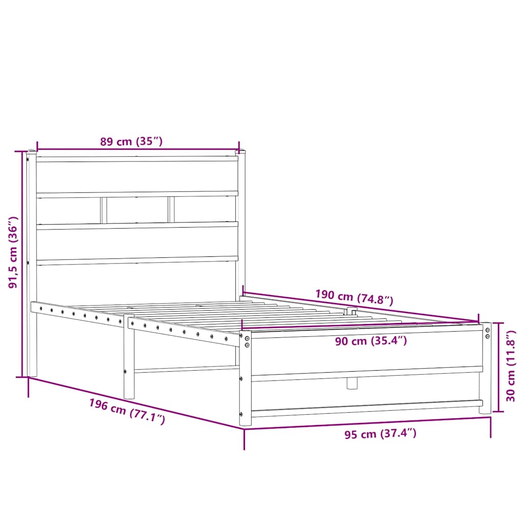 Metal Bed Frame without Mattress Sonoma Oak 90x190 cm