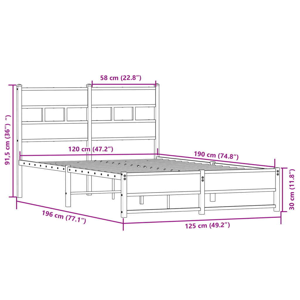 Metal Bed Frame without Mattress Sonoma Oak 120x190 cm