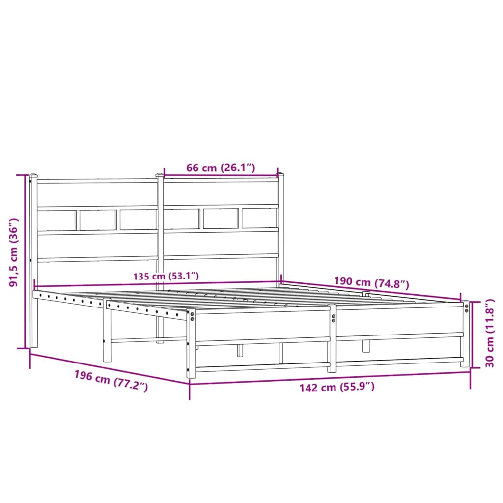 Metal Bed Frame without Mattress Sonoma Oak 135x190 cm