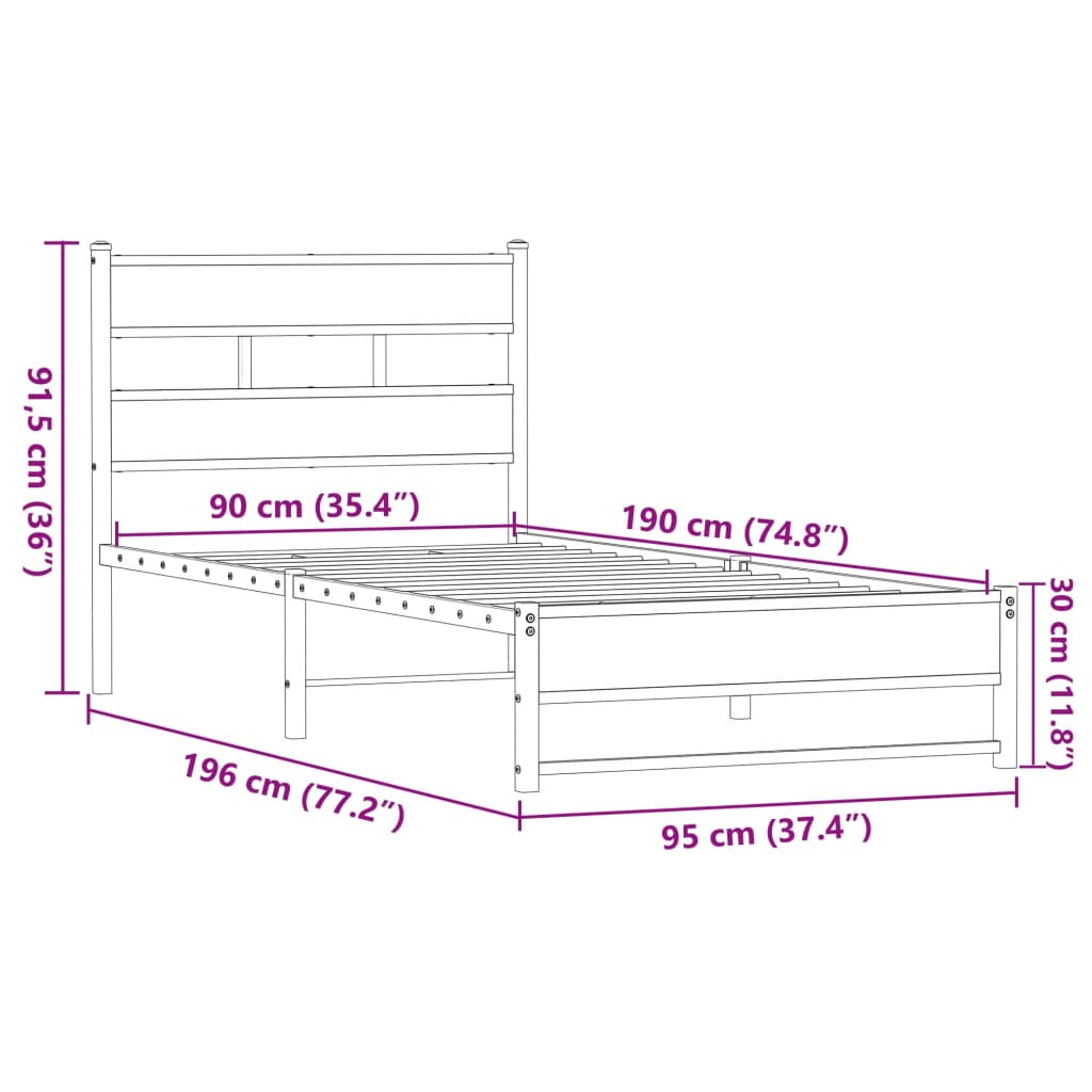 Metal Bed Frame without Mattress Brown Oak 90x190 cm