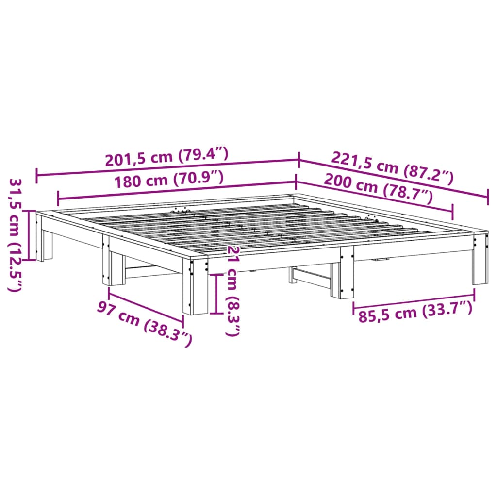 Bed Frame without Mattress White 180x200 cm Solid Wood Pine
