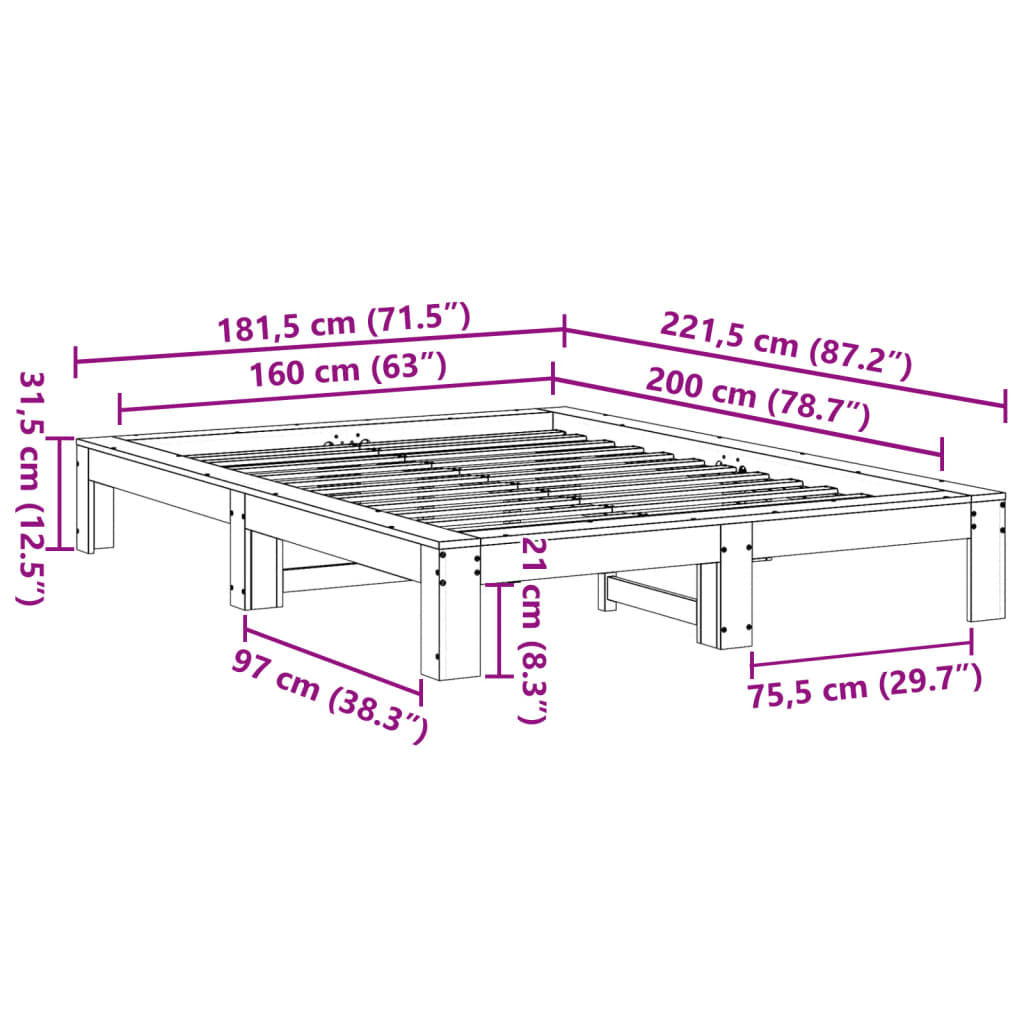 Bed Frame without Mattress White 160x200 cm Solid Wood Pine