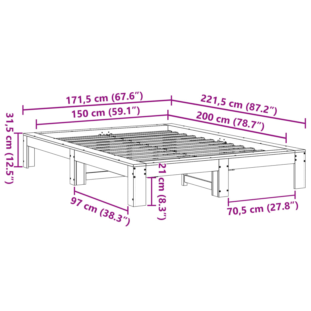 Bed Frame without Mattress Wax Brown 150x200 cm Solid Wood Pine