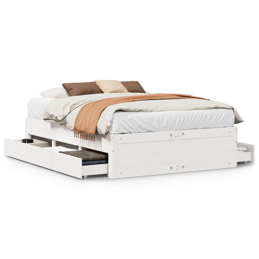 Bed Frame without Mattress with Drawers White 150x200 cm King Size Solid Wood Pine Bed Frame without Mattress with Drawers White 150x200 cm King Size Solid Wood Pine