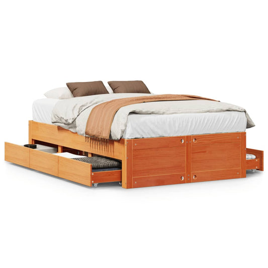 Bed Frame without Mattress with Drawers Wax Brown 135x190 cm Double Solid Wood Pine Bed Frame without Mattress with Drawers Wax Brown 135x190 cm Double Solid Wood Pine