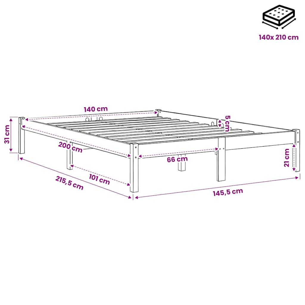 Extra Long Bed Frame without Mattress 140x210cm Solid Wood Pine