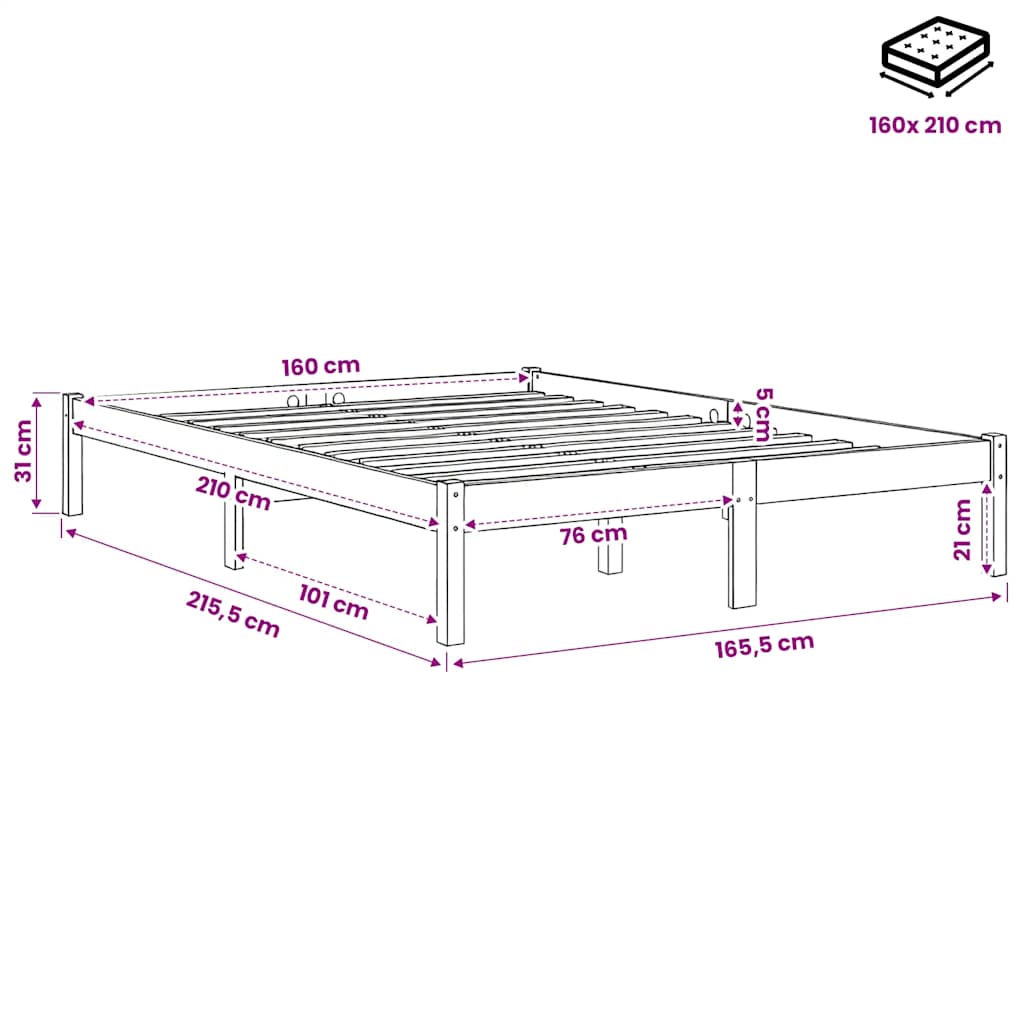 Extra Long Bed Frame without Mattress White 160x210 cm Solid Wood Pine