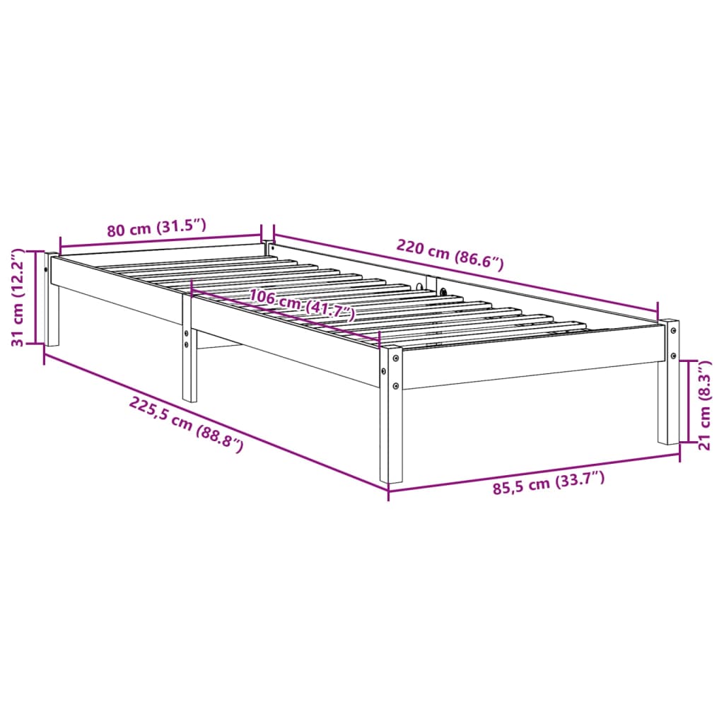 Extra Long Bed Frame without Mattress White 80x220 cm