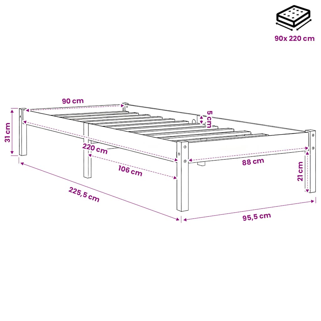 Extra Long Bed Frame without Mattress 90x220 cm Solid Wood Pine