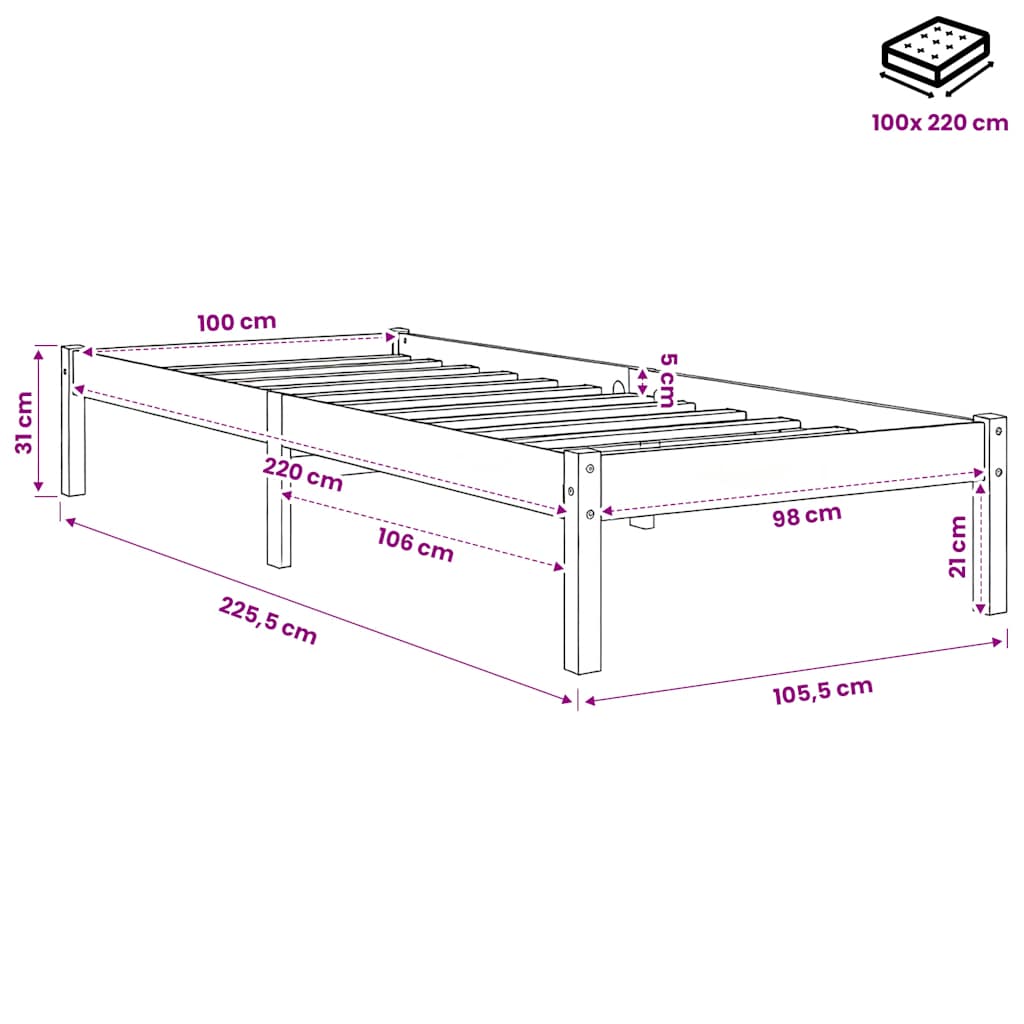 Extra Long Bed Frame without Mattress White 100x220 cm Solid Wood Pine